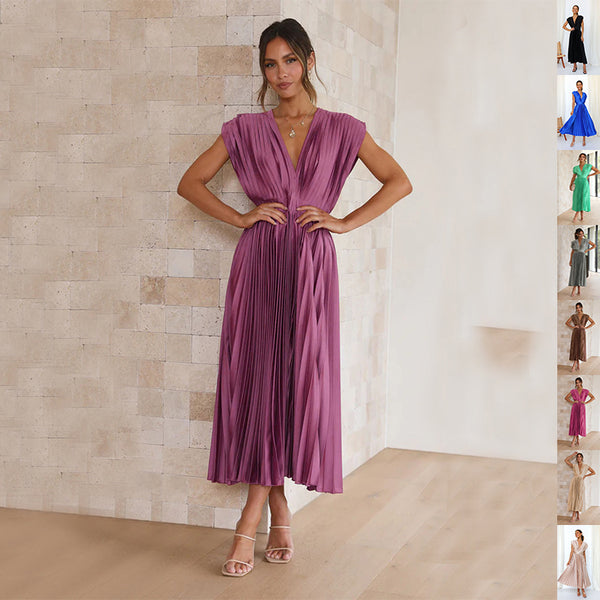 Pleated V-Neck Summer Dress | Women's Dresses – Velmique